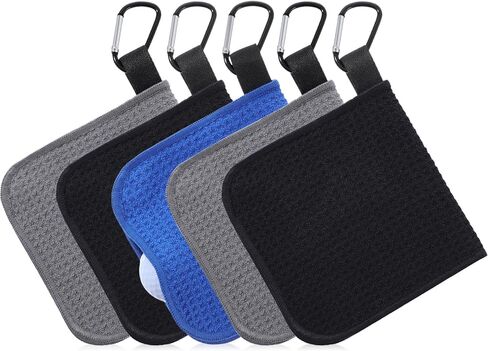 Batiyeer 5 Pack Small Golf Towel 5.5 x 5.5 Inch Microfiber Waffle Material with Clip Portable Pocket Golf Towel for Men Women Gift Cart Club Bag (Black,Gray,Blue) in Saudi Arabia