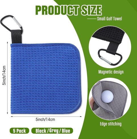 Batiyeer 5 Pack Small Golf Towel 5.5 x 5.5 Inch Microfiber Waffle Material with Clip Portable Pocket Golf Towel for Men Women Gift Cart Club Bag (Black,Gray,Blue) in Saudi Arabia