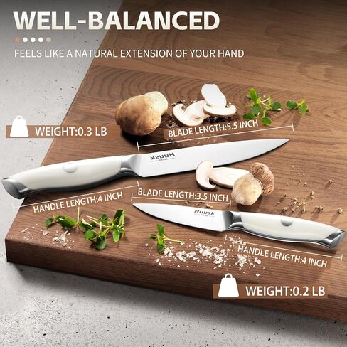 مجموعة سكاكين التقشير من هوسك مكونة من قطعتين - سكاكين حادة للمطبخ مقاس 5 بوصات وسكاكين تقشير مقاس 3.5 بوصات وسكين فواكه نباتية متوازن جيدًا مع مقبض أبيض مريح هدية هدية للرجال والنساء in Kuwait