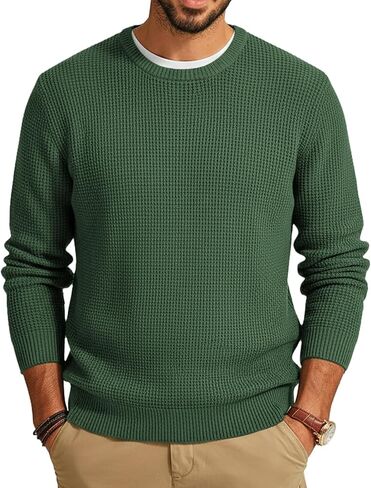 Vssjavun Mens Crewneck Pullover Sweater Waffle Textured Long Sleeve Casual Knitted Sweaters in Saudi Arabia