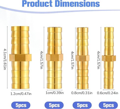 20 Pcs Brass Hose Barb Fitting 1/4" 5/16" 3/8" 1/2" (6 mm/8 mm/10 mm/12 mm) Barbed Hose Fittings Brass Splicer Mender Barbed Connector Air Line Repair Kit for Air Water Fuel Oil Hoses in Saudi Arabia