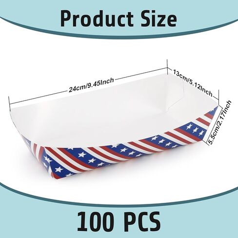 100 PCS 4th of July Paper Food Trays, 9.4 x 5.1 x 2.2 Inch Disposable Patriotic Serving Trays, Large Red White Blue Pattern Food Boats for Independence Day Memorial Day Birthday Party Supplies in Saudi Arabia