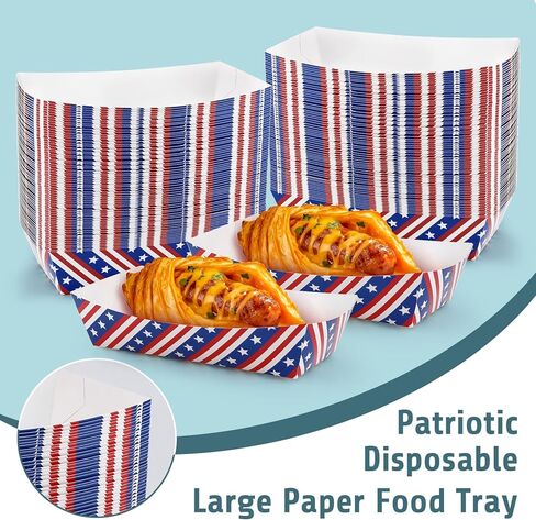 100 PCS 4th of July Paper Food Trays, 9.4 x 5.1 x 2.2 Inch Disposable Patriotic Serving Trays, Large Red White Blue Pattern Food Boats for Independence Day Memorial Day Birthday Party Supplies in Saudi Arabia