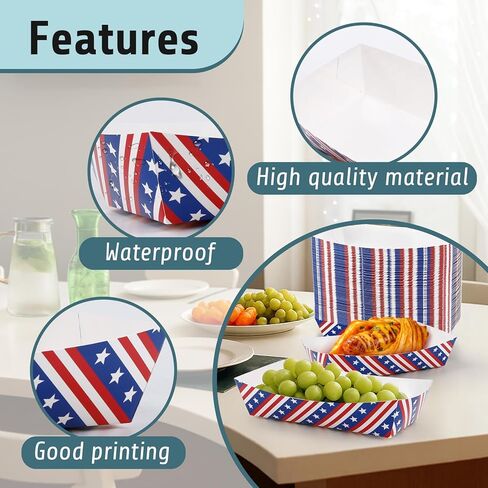 100 PCS 4th of July Paper Food Trays, 9.4 x 5.1 x 2.2 Inch Disposable Patriotic Serving Trays, Large Red White Blue Pattern Food Boats for Independence Day Memorial Day Birthday Party Supplies in Saudi Arabia