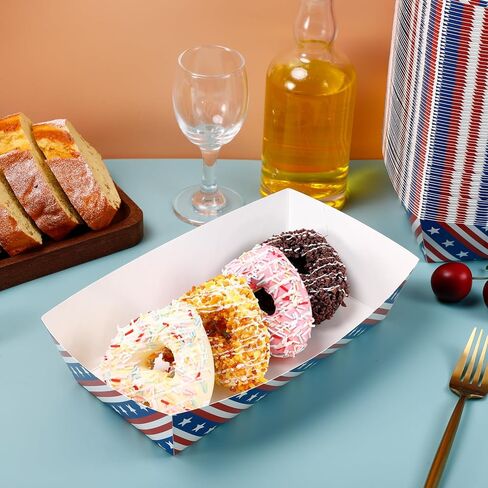100 PCS 4th of July Paper Food Trays, 9.4 x 5.1 x 2.2 Inch Disposable Patriotic Serving Trays, Large Red White Blue Pattern Food Boats for Independence Day Memorial Day Birthday Party Supplies in Saudi Arabia