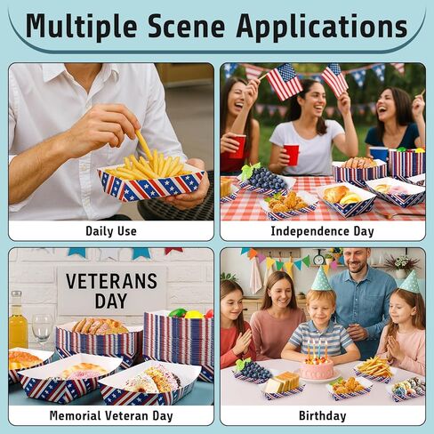 100 PCS 4th of July Paper Food Trays, 9.4 x 5.1 x 2.2 Inch Disposable Patriotic Serving Trays, Large Red White Blue Pattern Food Boats for Independence Day Memorial Day Birthday Party Supplies in Saudi Arabia
