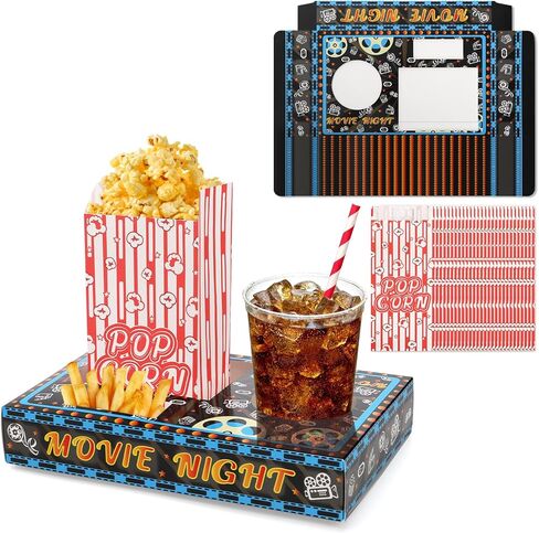 Kingrol Movie Night Supplies 100 Pcs - 50 Movie Snack Trays & 50 Popcorn Bags - Disposable Paper Holders for Popcorn, Candy, Drinks - Home Theater Party Supplies & Easy Cleanup in Saudi Arabia