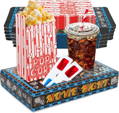 Kingrol Movie Night Supplies 100 Pcs - 50 Movie Snack Trays & 50 Popcorn Bags - Disposable Paper Holders for Popcorn, Candy, Drinks - Home Theater Party Supplies & Easy Cleanup in Saudi Arabia