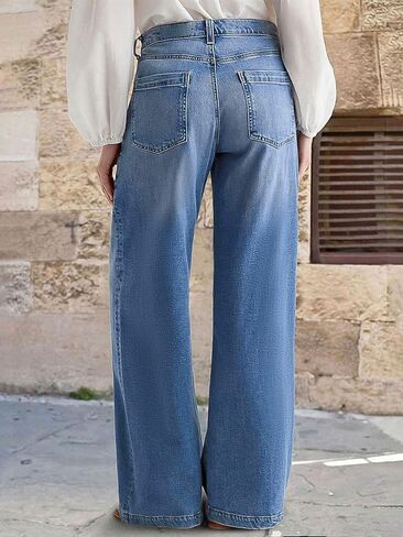 الجينز الساق الواسع للنساء للنساء في منتصف الخصر فضفاض الغرز ديكور السراويل الغسل بدون حزام in Kuwait