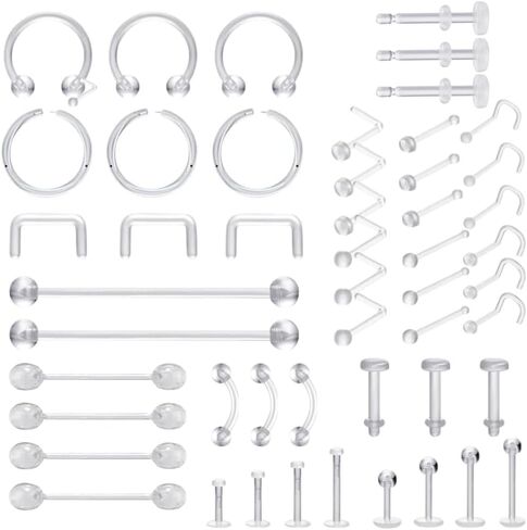 Clear Piercing Retainers for Surgery Sports - Clear Nose Studs, Rings, Earrings Plastic Lip Piercing Jewelry, Vertical Labret, Cartilage Retainers Medical/Sport Safe Bioflex Industrial Bar for Women Men in Kuwait