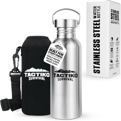 زجاجة مياه Tactiko Survival سعة 51 أونصة/1500 مل من الفولاذ المقاوم للصدأ ذات فم واسع، جدار واحد آمن للغليان، مانع للتسرب، خالي من مادة BPA مع أكمام حمل وحزام للتخييم والمشي لمسافات طويلة والإعداد في الهواء الطلق (أسود) in Kuwait