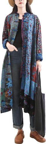 LUZU JUNU Women's Trench Coat Floral Print Long Cotton Linen Jacke Cottagecore Clothing Patchwork Outwear Bohemian unique in Kuwait
