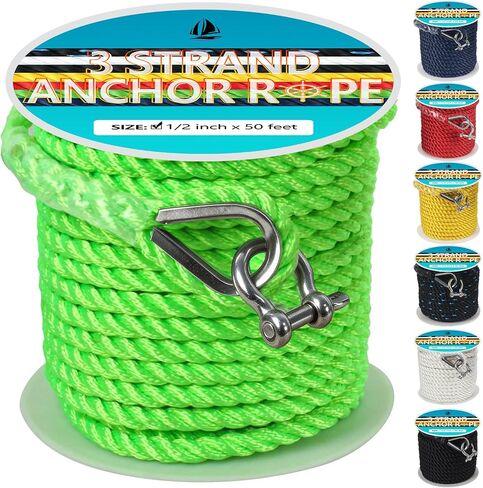 حبل مرساة 1/2 بوصة × 100 قدم، خط مرساة 3 حبلا مع كشتبان وقيد من الفولاذ المقاوم للصدأ، حبل مرساة للقارب مثالي لسحب قوارب الإرساء حتى 35 بوصة (أبيض) in Kuwait