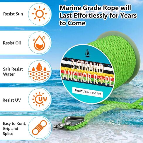 حبل مرساة 1/2 بوصة × 100 قدم، خط مرساة 3 حبلا مع كشتبان وقيد من الفولاذ المقاوم للصدأ، حبل مرساة للقارب مثالي لسحب قوارب الإرساء حتى 35 بوصة (أبيض) in Kuwait