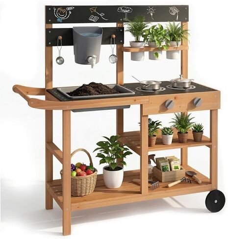 OLAKIDS Mud Kitchen for Kids Outdoor, Wooden Toddler Play Kitchen with Wheels Removable Sink Faucet Stoves Storage Shelves Cooking Accessories, Children Pretend Toy Playset for Backyard Garden in Saudi Arabia