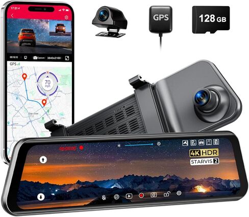 12" Mirror Dash Cam, 4K UHD Front and 2.5K Rear View Dash Camera for Car, with ADAS BSD LCA Smart Mode, GPS, G-Sensor, Loop Recording, Parking Monitor, Voice Control, 5.8GHz WiFi in Kuwait