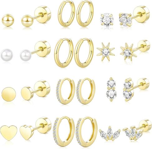 أقراط خلفية مسطحة للنساء: 14 ألفًا من الذهب المطلي بالذهب المصنوع من الفولاذ المقاوم للصدأ المسمار المسطح بأقراط سرية سترلينج الفضة الصغيرة. in Kuwait