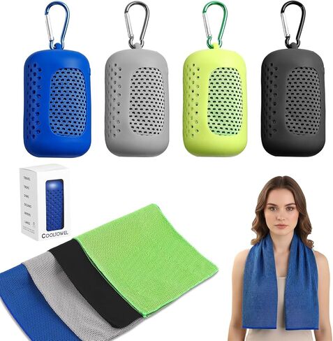 4 Pack Cooling Towels with Silicone Carry Cases, Microfiber Ice Towel for Yoga, Running, Gym, Workout, Sport, Fitness - Soft Breathable Chilly Towel Set with Cooling Neck Wraps & Gift Box in Saudi Arabia