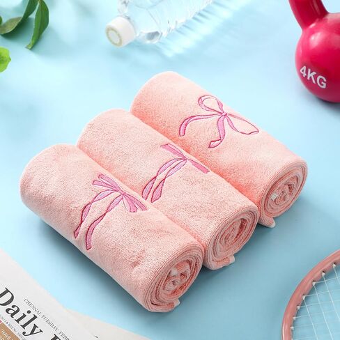 Tegeme 3 Pcs Bow Microfiber Gym Towels Coquette Embroidered Bow Bigger Size Soft Quick Drying Towels 14 x 31 Inches for Gym Exercise Fitness Sports Workout Spa Bathroom Kitchen Women Gifts in Saudi Arabia