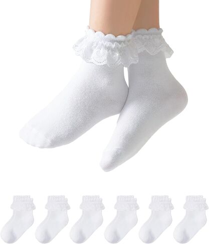 1T-10y Girls White Ruffle Socks Lace Frilly Dress Cotton School Assold Assion Crew Socks for Toddler Little Girls 6 Pack in Saudi Arabia