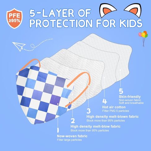 MISSAA KN95 Face Masks for Kids 30 Pcs, 5 Layers Disposable Protective Mask Small Size with Elastic Earloops for Children Boys Girls School Indoor Outdoor Use, Checkerboard in Saudi Arabia
