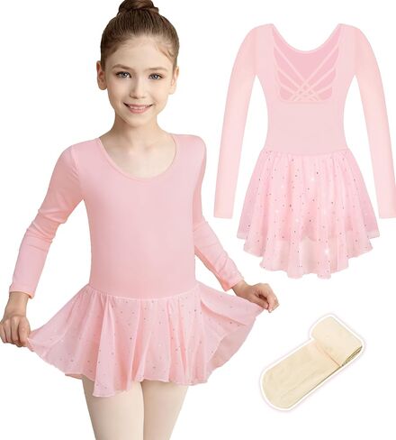 Long Sleeve Ballet Leotard for Girls Kids Toddle Dance Dresses with Tights in Kuwait