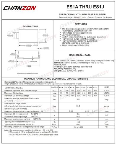 (Pack of 100 Pieces) Chanzon Diode SMD Super Fast Recovery Rectifier ES1J 1A 600V 35ns SMA (DO-214AC) 1 Amp 600 Volt Electronic Diodes in Saudi Arabia