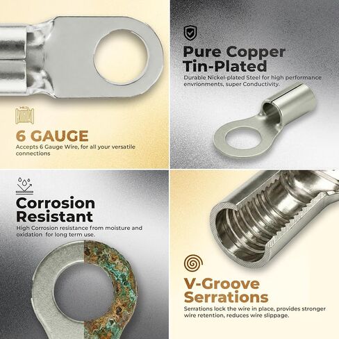 Sherco-Auto 100 Pack - High Temp Non-Insulated Ring Connector - 6 Gauge #10 Stud - 600 Volts Rated Nickel-Plated Steel & V-Grooves Serrations for Strong Crimps & Corrosion Resistance - Made in USA in Saudi Arabia