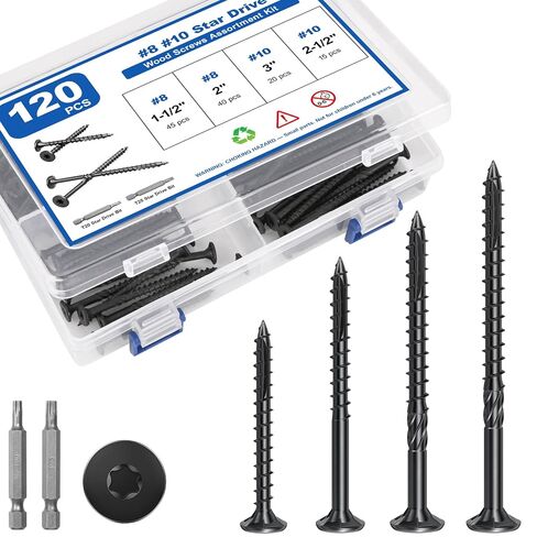 240Pcs Deck Screws, #8#10 Wood Screws Assortment Kit, 8Sizes Assorted Screw Set, Rust Resistant Torx Screws with Flat Head, Black Screw Kit for Woodworking Projects, Star Bit Included in Saudi Arabia