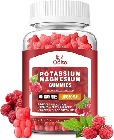 Liposomal Potassium Magnesium Gummies for Adults Kids, High Absorption Potassium Citrate 200mg Magnesium Glycinate 400mg, Vitamin B6 Chewable Supplements for Leg Cramps & Muscle, Raspberry, 60 Count in Kuwait