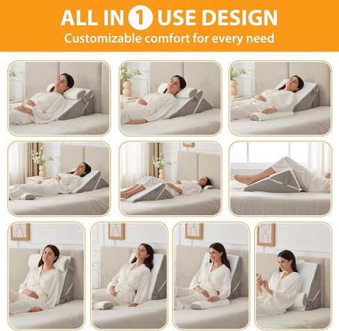 Ruqmuis 3PCS Wedge Pillow Set for After Surgery, Adjustable 9&12 Inch Bed Wedge Pillow for Sleeping, Incline Pillow Wedge for Headboard, Post Surgery, Acid Reflux, Neck&Back Support, White/Grey in Saudi Arabia
