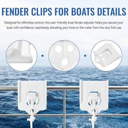 مشابك ممتص الصدمات للقوارب من Fender Tender II، مشابك للقوارب من 7/8 بوصة إلى 1 بوصة، مشبك قارب بلاستيكي للمصدات، مشابك سريعة للتعديل لحاجز القارب لحبل خطوط الحاجز من 1/4 بوصة إلى 3/8 بوصة، أبيض 2 عبوة in Kuwait