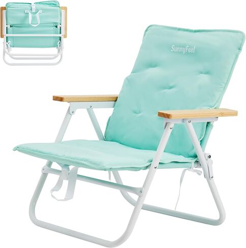 SUNNYFEEL Foldable Beach Chair, Beach Chair Backup with Wood Armrest & Cushion, Lightweight Camping Chair Heavy Duty for Beach, Camping, Lawn, Outdoor, Blue, 2 Pack in Kuwait