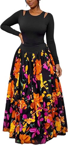 Floral Maxi Dresses for Women Fall Winter Long Sleeve Casual Cutout A Line Long Dress in Kuwait