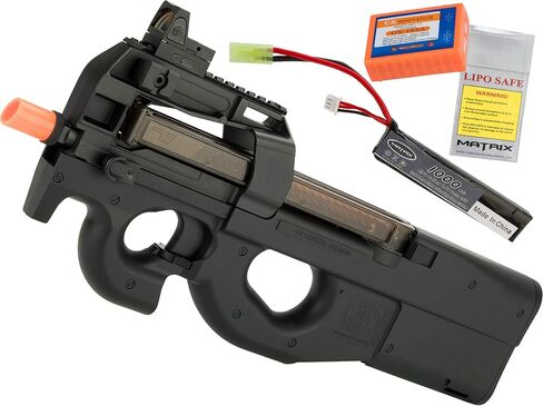 Evike Airsoft - FN Herstal Licensed P90 علبة تروس معدنية كاملة الحجم AEG Airsoft (اللون: أسود/أضف بطارية LiPo 7.4 فولت + شاحن BMS + LiPo Safe) in Saudi Arabia