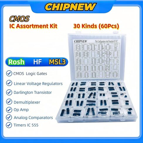 مجموعة IC للدوائر المتكاملة Pro Edition 64 في 1 مكون إلكتروني IC: شريحة البوابات المنطقية 74HCxx+CD40xx، 555Timers، LM358 op amp، ترانزستورات ULN2003، مكبر للصوت IC LM386! حزمة ESD ومجموعة متعددة in Saudi Arabia