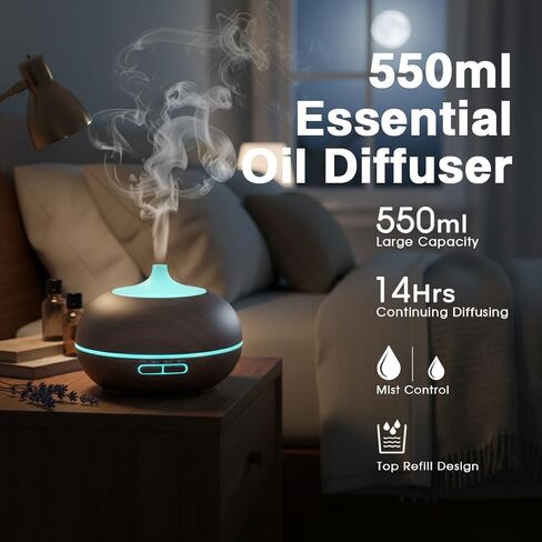 550ml Large Capacity Essential Oil Diffuser with 6 Essential Oil Set, Aromatherapy Ultrasonic Air Humidifier with Timer Setting, 7 Color LED Night Light and Waterless Auto-Off Functions for Home, Spa in Saudi Arabia