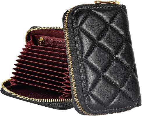 DORIS&JACKY Quilted Leather Credit Card Holder for Women Small Lambskin Zipper Card Case Wallet With 9 Card Slots (1-Black) in Saudi Arabia