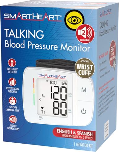 SmartHeart Blood Pressure Monitor | Adult Wrist Cuff | Audible English Spanish Instructions and Results for Visually Impaired | 2-Person Memory | in Saudi Arabia