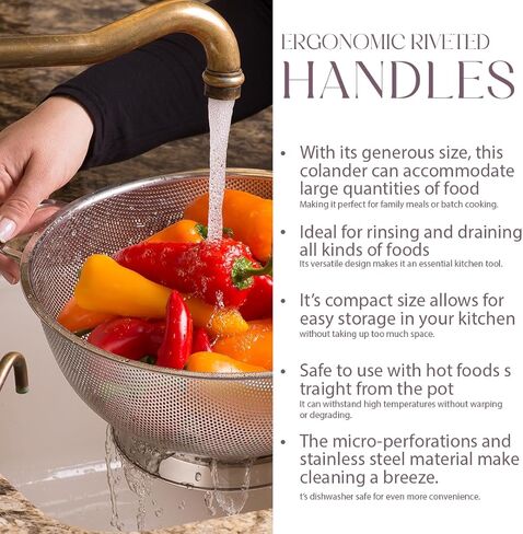Bellemain Colander for Kitchen – 5 Qt Stainless Steel Strainer with Handle - 18/8 Pasta Strainer Bowl for Pasta, Spaghetti, Vegetables, Fruit, and Pot Draining - Stainless Steel Colander in Saudi Arabia