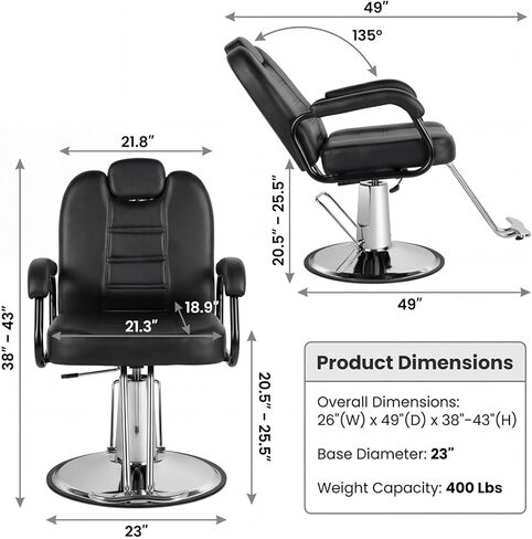 Artist hand Barbers Chairs, Heavy Duty Hydraulic Reclining Salon Chair Spa Furniture Reclining Extra Wider Seat Beauty Hair Salon Equipment(Black) in Kuwait