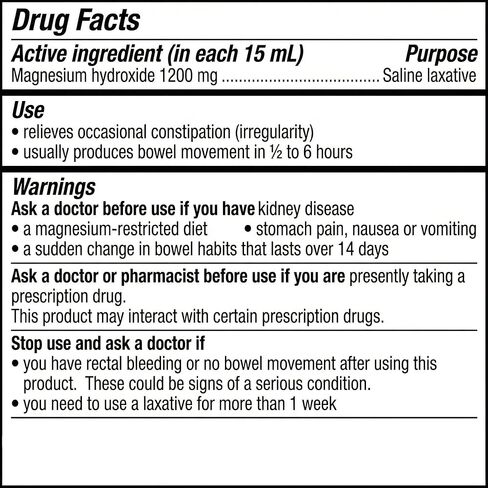 Milk of Magnesia Liquid 1200 mg – 26 fl oz Saline Laxative, Magnesium Hydroxide Original Flavor, Liquid Laxative for Adults and Children 6+, Low Sodium (Pack of 2) in Saudi Arabia