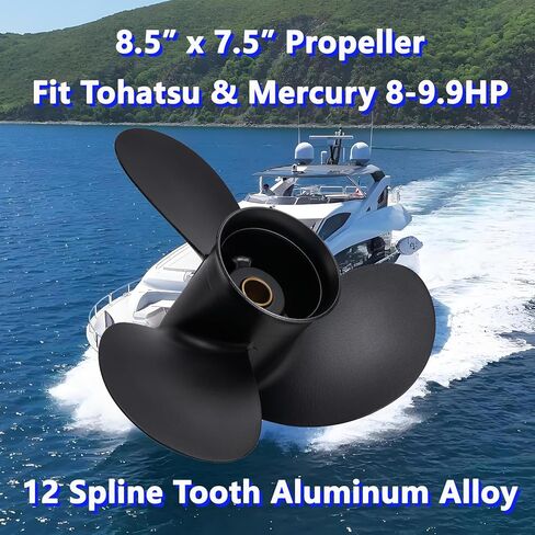 مروحة قارب خارجية من الألومنيوم مقاس 8.5 × 7.5 لمحركات Tohatsu & Mercury 8-9.9HP، 12 سنًا، 3B2B64515-1، متوافقة مع Tohatsu & Mercury 8HP 9.9HP، RH in Kuwait