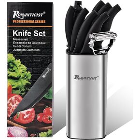 ROMANTICIST Knife Set, 10 Pieces Knife Block Set - Stainless Steel Kitchen Knives with Sharpener and Cheese Knife, Non-Slip Ergonomic Handles, Exquisite Knives Set - Stylish Black in Saudi Arabia