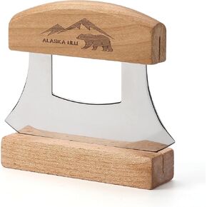 5inch Alaskan Mezzaluna Ulu Knife, Salad Veggies Rocker Chopper Slicer Cutter Hashing Chopping Mincing Cleaver with Wooden Stand Arthritic Tool in Kuwait