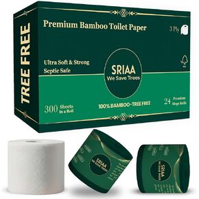 ورق تواليت فاخر 100% من الخيزران الخالي من الأشجار - 24 لفة ضخمة ممتازة، فائقة النعومة وقوية 3 طبقات 300 ورقة في كل لفة، صديقة للبيئة، خالية من البلاستيك، مناديل آمنة للصرف الصحي، نحن ننقذ الأشجار. in Kuwait