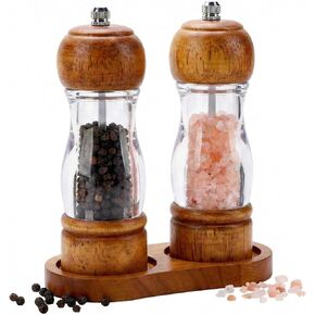 Salt and Pepper Grinder Set Wood and Acrylic - 6.3 Inch Oak Pepper Mill with Visible Window & Storage Tray - Adjustable Coarseness Ceramic Rotor, Manual Spice Grinders for Kitchen Table in Saudi Arabia