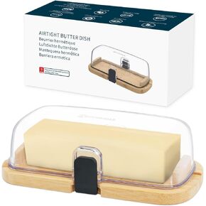 طبق زبدة محكم الغلق من الخيزران بيد واحدة من كيتشنداو مع غطاء للسطح ورف باب الثلاجة، حامل زبدة مع ضغطة واحدة لفتح/إغلاق مشبك الإغلاق لزبدة الساحل الغربي/الشرقي in Kuwait