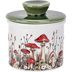 وعاء زبدة الفطر من فانجي فن، طبق زبدة فرنسية من السيراميك مع غطاء للسطح، ملحقات مطبخ الفطر المزخرفة وديكور المطبخ، حاوية سيراميك محكمة الغلق وحافظة باللون الأبيض والأحمر والأخضر in Kuwait