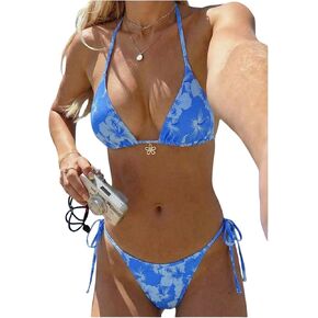 MakeMeChic Women's Floral Triangle Thong Bikini Sets Halter Gingham Swimsuit Bathing Suit in Kuwait